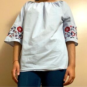 White and Red Embellished 3/4 Sleeve Blouse